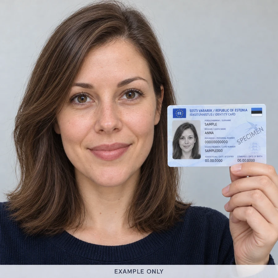 Example of a person holding a sample Estonian ID card beside her face, with her face and the document visible.